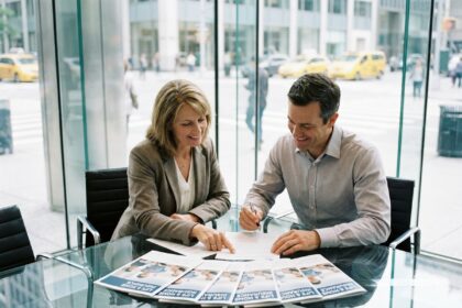 Couple d'affaires souriant dans un bureau moderne