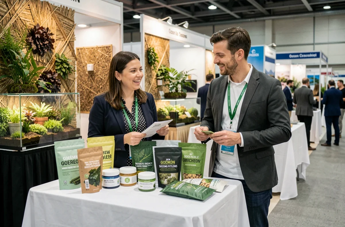 Entrepreneurs présentant de nouveaux produits à base de goémon lors d'un salon de l'innovation durable en 2026