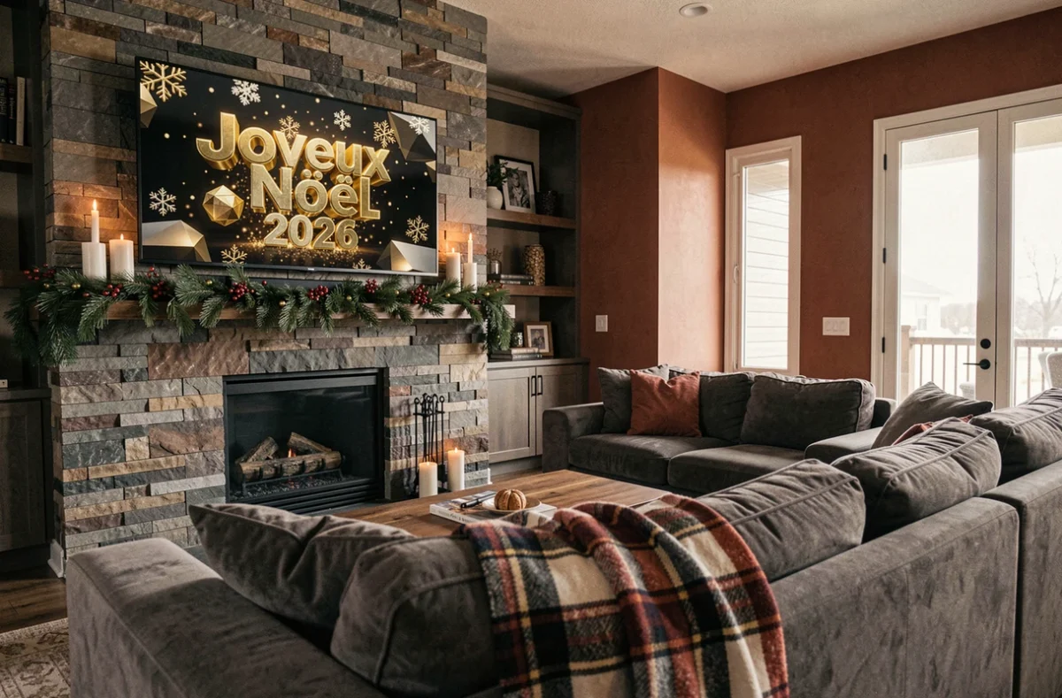 Salon moderne avec télévision affichant une animation 3D Joyeux Noël 2026 avec flocons géométriques et particules dorées, cheminée décorée et canapé confortable