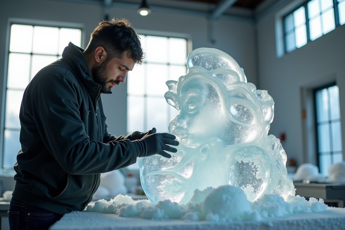 Sculpteur de glace professionnel en action dans un atelier lumineux