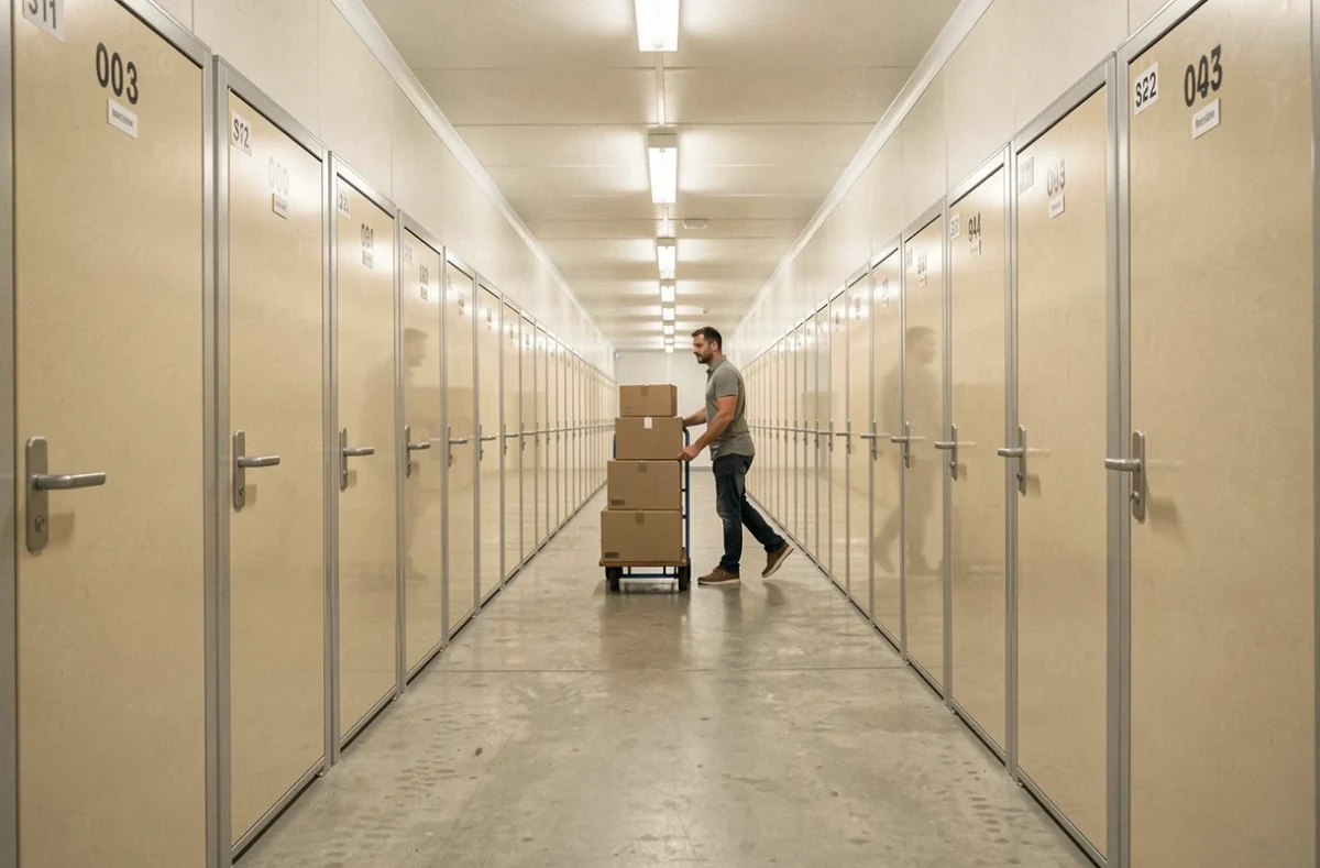 Couloir intérieur des unités de stockage Selfstock au Passage d'Agen avec client transportant des cartons