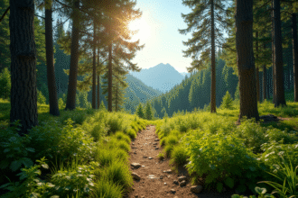 Sentier en forêt en été avec montagnes en arrière-plan