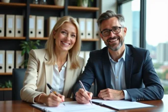 Couple signant un contrat de prêt immobilier dans une banque