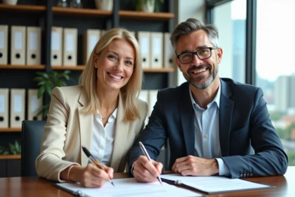 Couple signant un contrat de prêt immobilier dans une banque