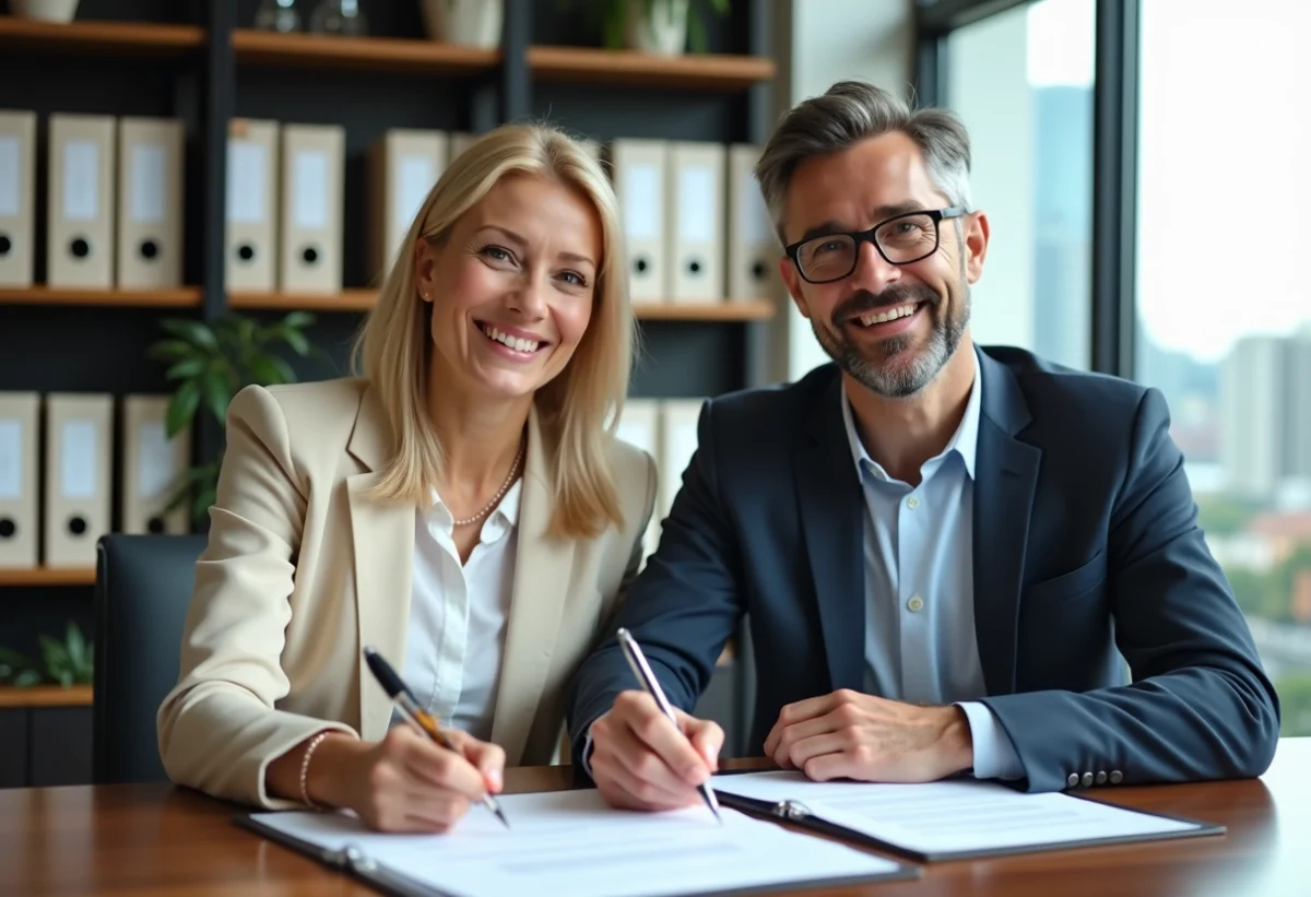 Couple signant un contrat de prêt immobilier dans une banque