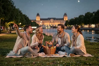 Groupe d'amis installés sur une couverture au bord de l'eau à Lille pour regarder le feu d'artifice du 14 juillet, avec panier pique-nique et silhouette urbaine en arrière-plan