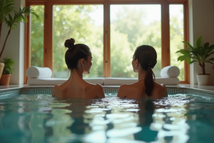 Spa intérieur luxe avec couple relaxant dans un bain