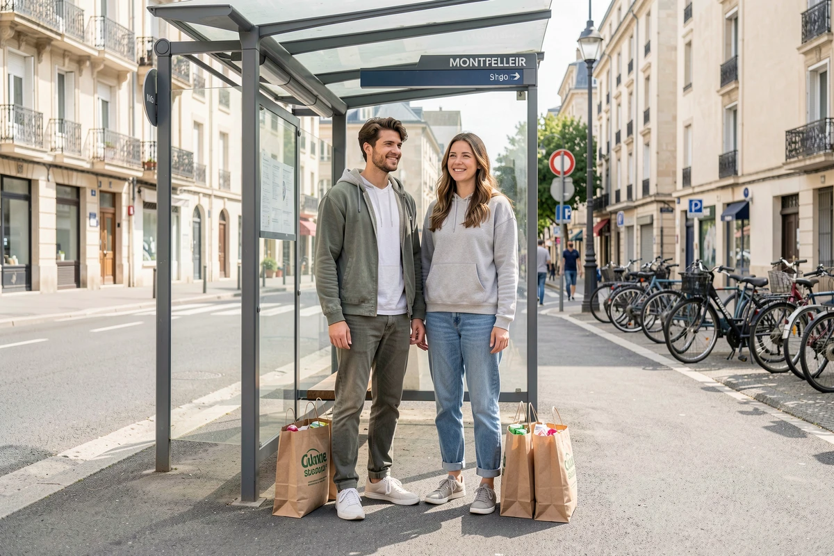 Couple attendant le bus après leurs courses dans un supermarché ouvert le dimanche à Montpellier, arrêt de transport en commun