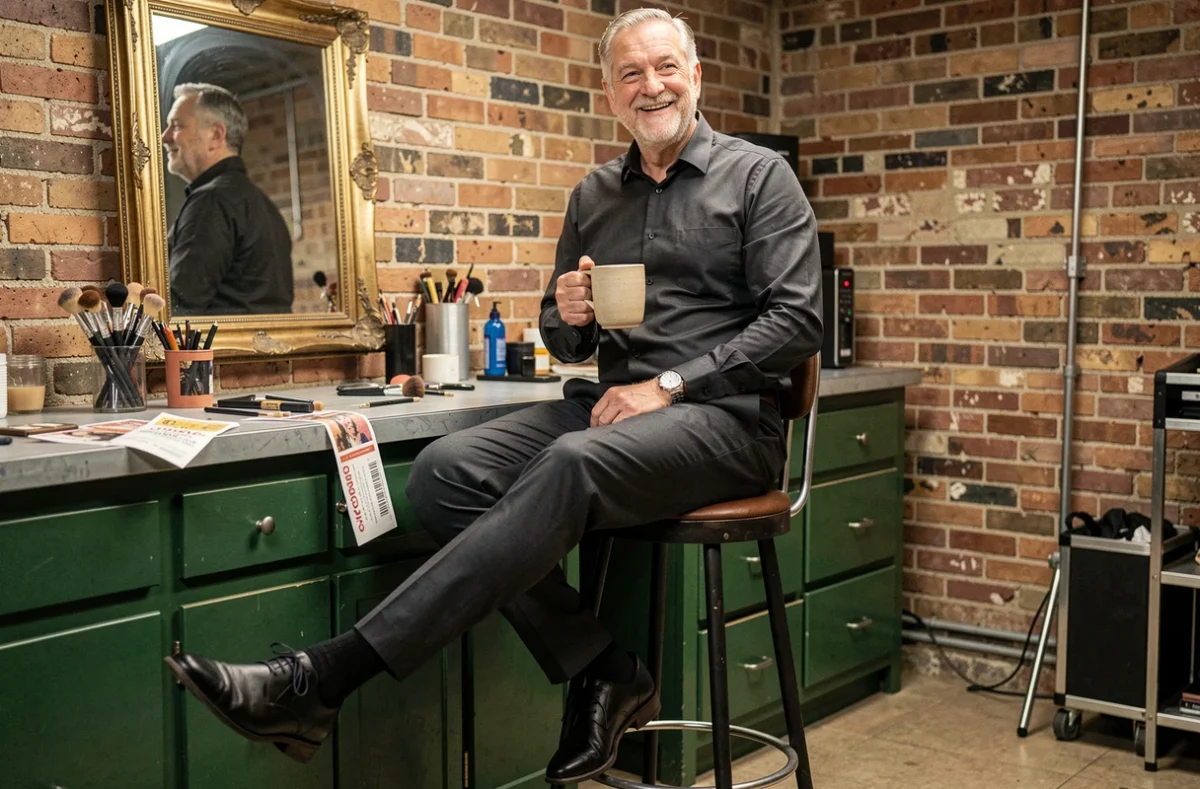 Animateur de grande stature assis sur un tabouret en coulisses, longues jambes bien visibles, dans une ambiance backstage authentique