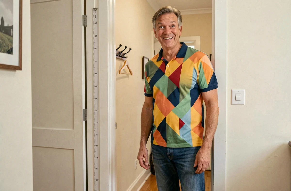 Homme grand mesuré contre un cadre de porte illustrant la taille impressionnante de Vincent Lagaf avec humour