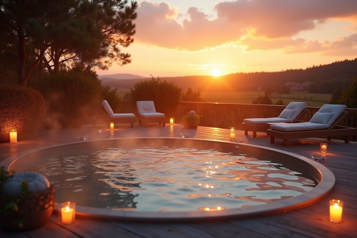 Terrasse spa extérieur au coucher du soleil avec ambiance romantique