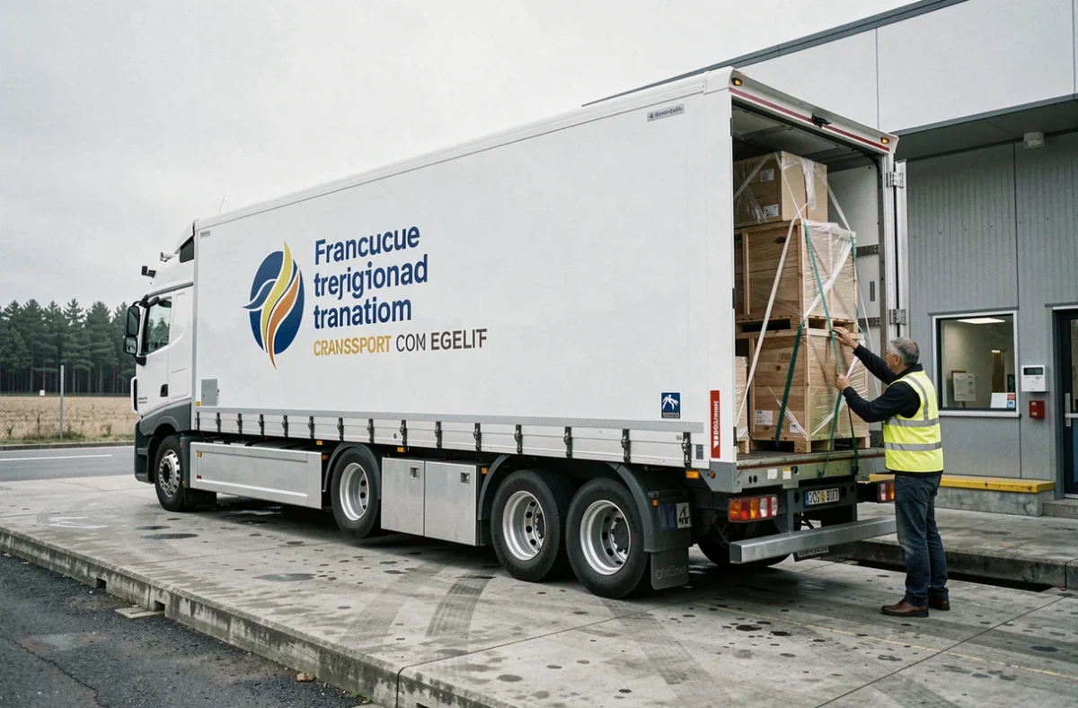 Camion de transport Transports Lacombe à quai de chargement dans une zone industrielle du Lot-et-Garonne
