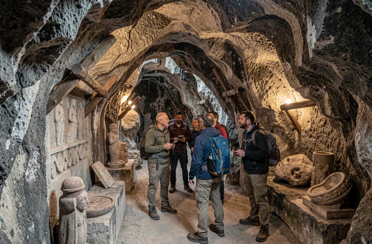 Participants découvrant les galeries troglodytiques des Troglo du 8 dans la Vienne