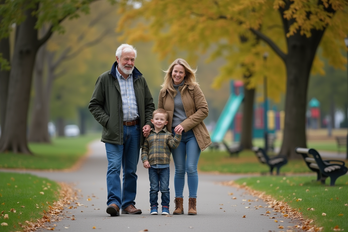 Trois générations dans un parc en promenade détendue