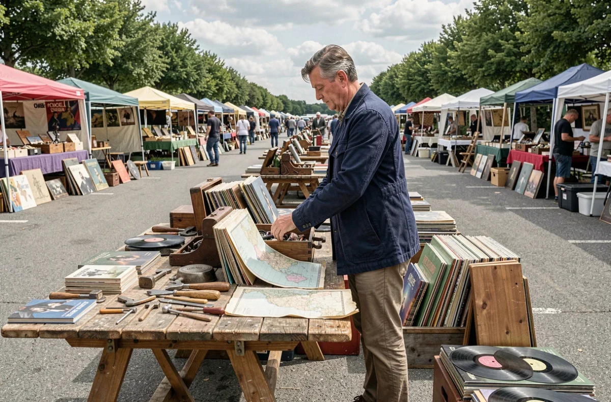Vendeur arrangeant ses objets vintage sur un étal de brocante dans un grand vide-grenier en plein air