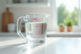 Verre à mesurer rempli de 60 cl d'eau sur plan de travail lumineux