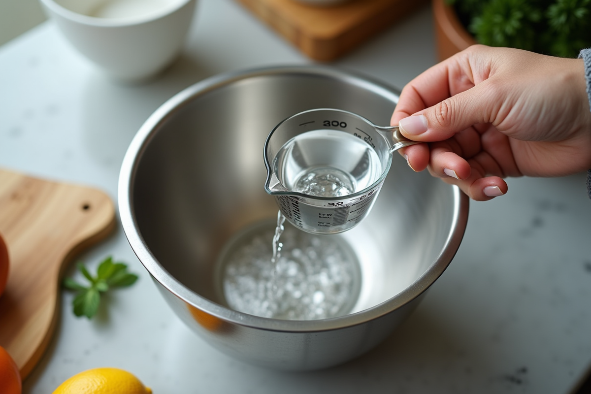 Main versant eau dans bol inox sur plan de travail