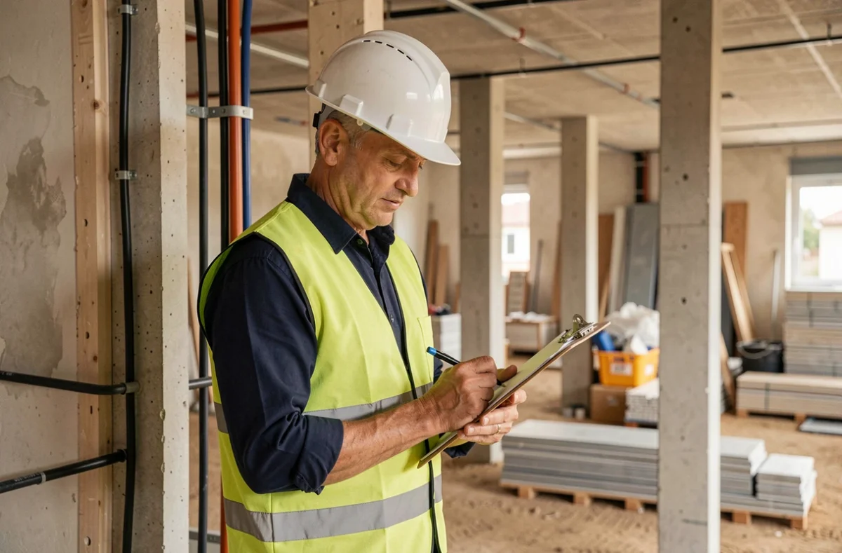 Chef de chantier de VESTA BATIMENT consultant des plans électriques sur un chantier de construction
