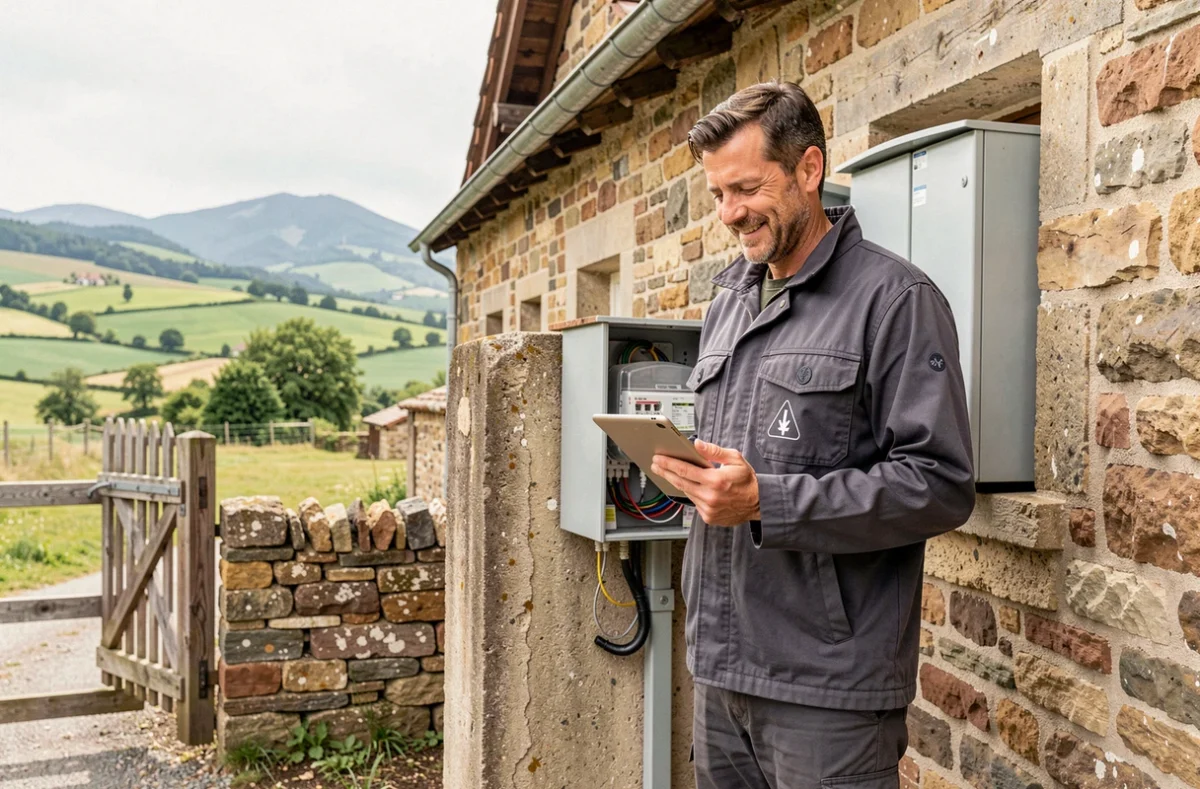 Électricien de VOLT&BS vérifiant une installation de compteur électrique extérieur sur une ferme en pierre dans le Puy-de-Dôme