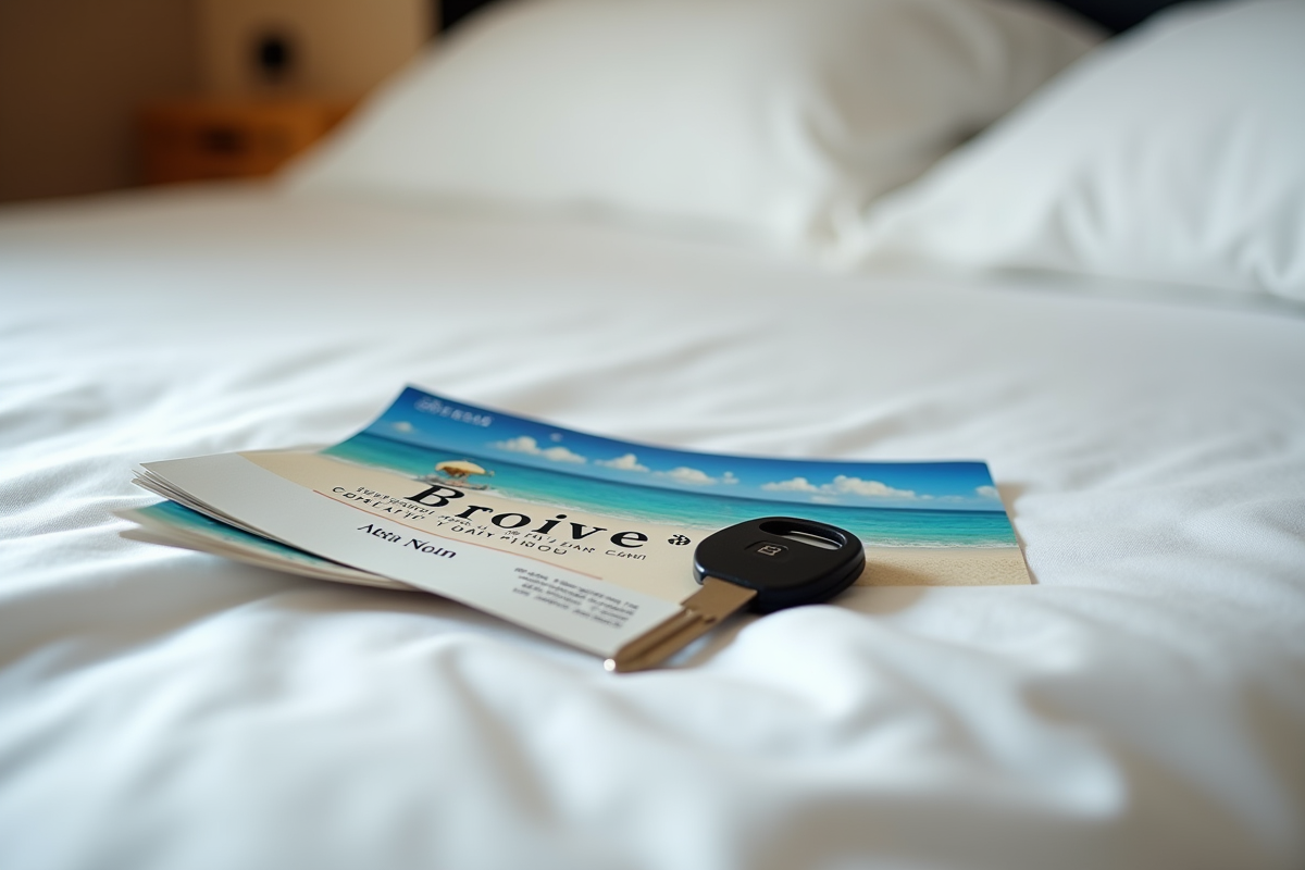 Vouchers de vacances et clé sur un lit blanc